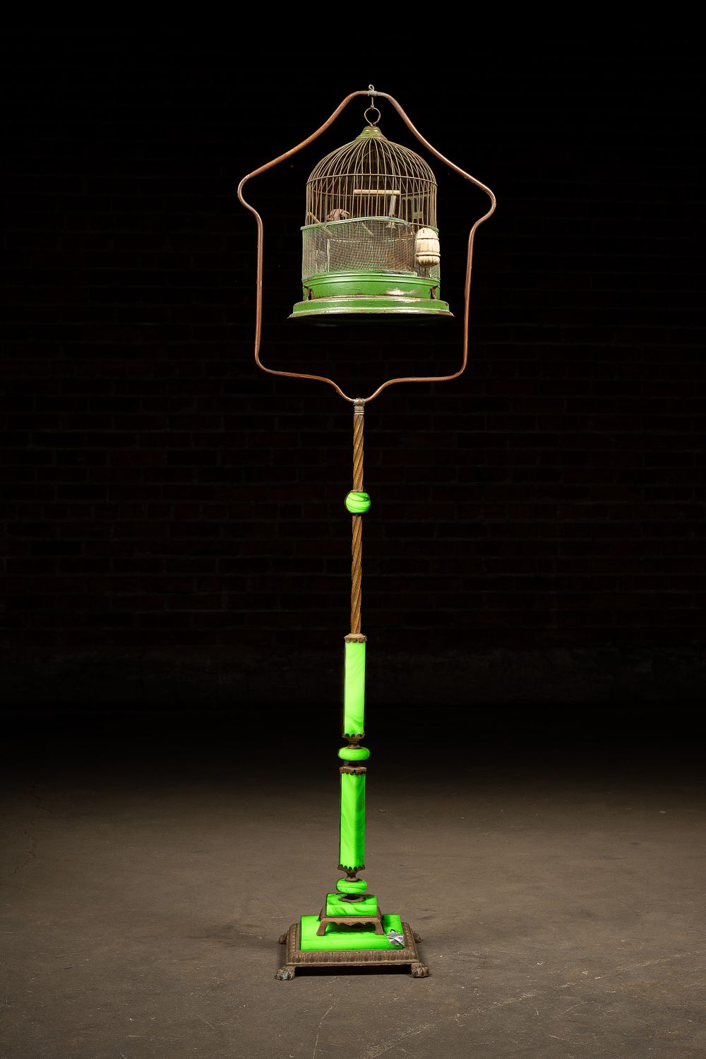Lot 118: 1920s Uranium Glass Bird Cage Stand