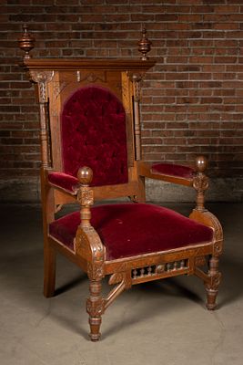 Victorian Gothic Revival Throne Armchair. C-22455 Monumental carved wood armchair with tall 
