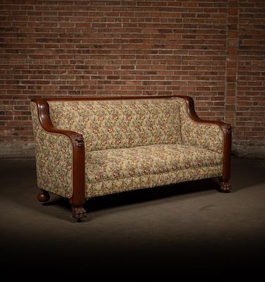 American Empire Revival Upholstered Sofa. C-22459 American Empire Revival style sofa with floral 
