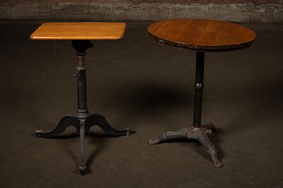 Two Cast Iron Pedestal Side Tables. C-22463 Two pedestal tables with wood tops and cast iron 
