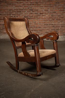 Scroll Arm Oak Upholstered Rocking Chair. C-22522 Oak rocking armchair with large scrolling arms 