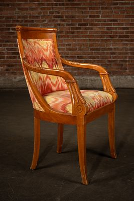 Carved Wood Chevron Upholstered Armchair. C-22525 Wood armchair with carved scroll details and 