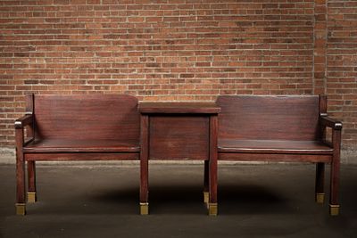 Antique Wooden Station Bench with Center Table. C-22553 c. 1930s–1950s wooden double bench 
