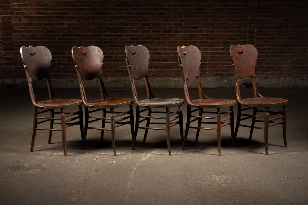 Lot 275: Set of 5 Tiger Oak T Back Dining Chairs