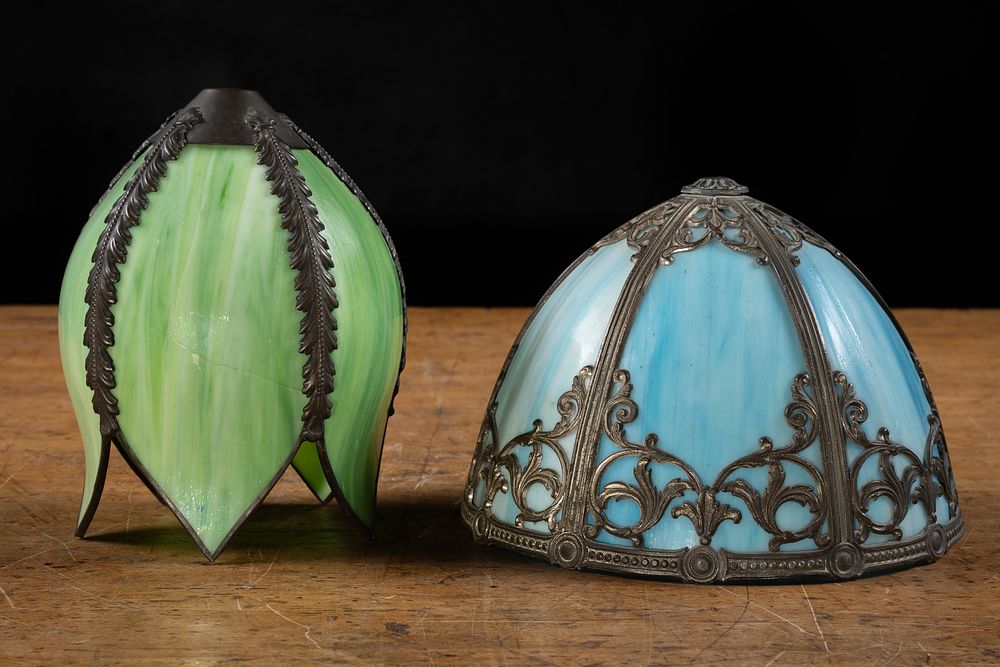 Lot 302: Green Tulip and Blue Dome Slag Glass Shades