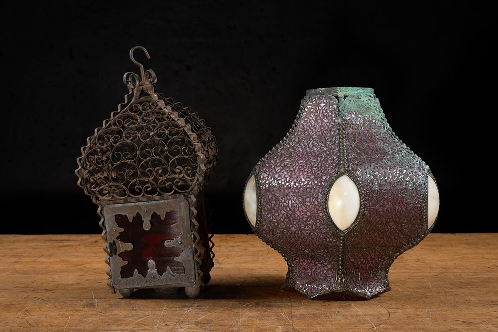 Lot 303: Filigree Slag Glass Shade and Hanging Lantern