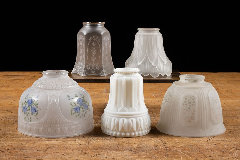 Lot 307: Five Frosted and Milk Glass Lamp Shades