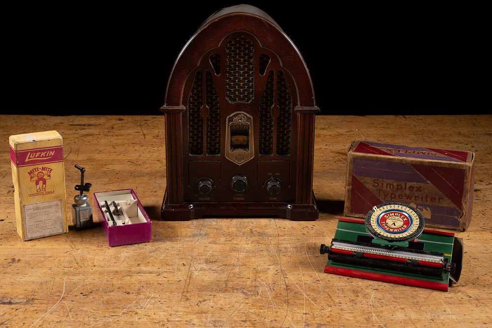 Lot 317: RCA Cathedral Radio Simplex Typewriter Lufkin Tool