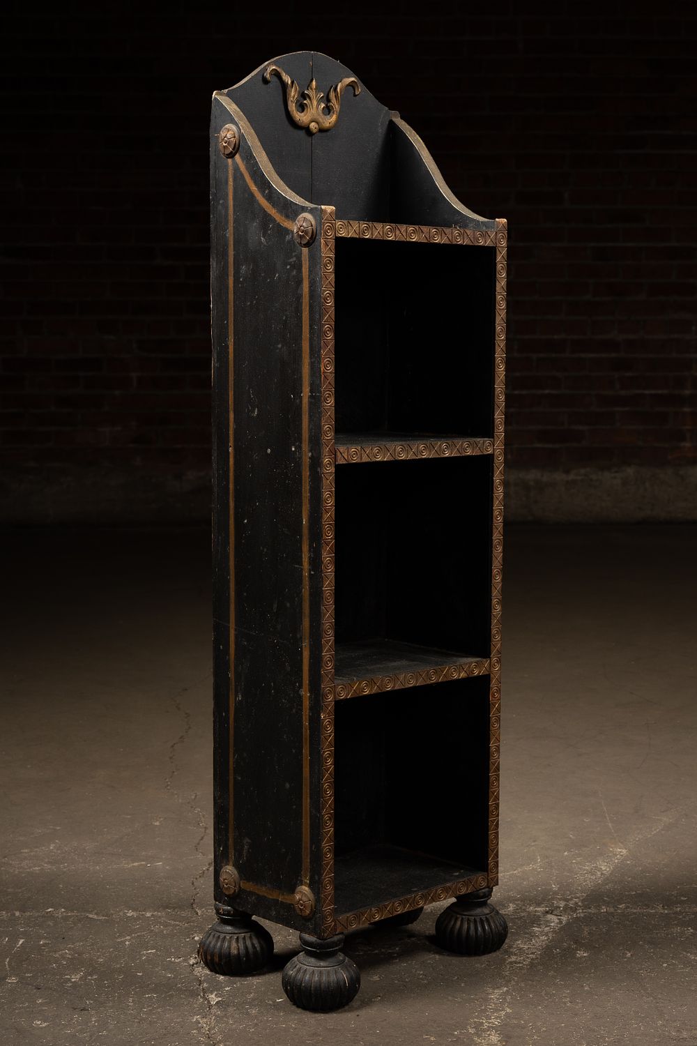 Lot 358: Antique Black Painted Wooden Display Shelf