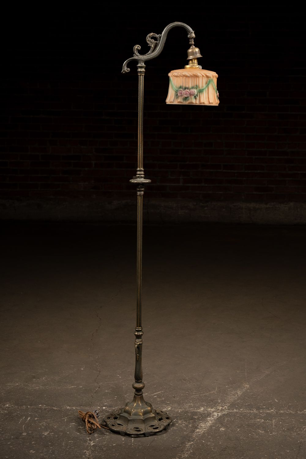 Lot 361: Antique Floral Glass Shade Bridge Floor Lamp