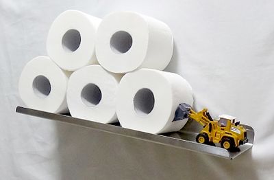 מחזיק נייר טוילט מיוחד " דחפור " מדף המתקן עשוי פלדת אל חלד בעובי 1 מ"מ הדמות מקובע על פלטה 