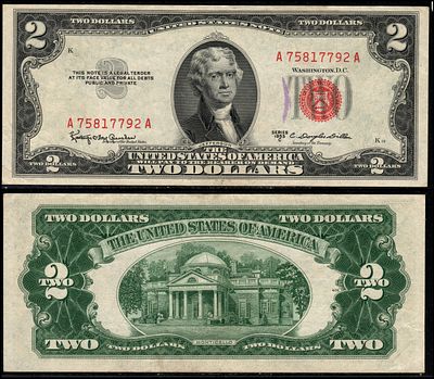 1953 F $2.00 הערה חותם אדום שני דולרים במחזור נחמד סדרה C 
s/n A75817792A. VF 
Fr-1512.