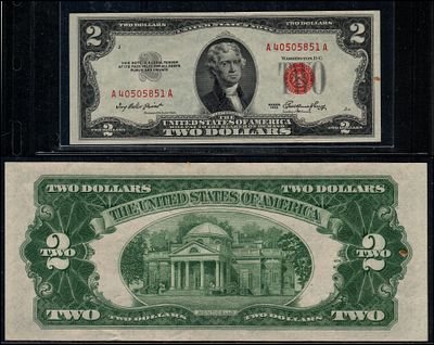 1953 F $2.00 הערה חותם אדום שני דולרים במחזור נחמד סדרה 
s/n A40505851A. UNC 
Fr-1509.