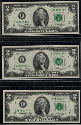 1976B $2.00 חותמת ירוקה של שני דולרים הערה 3 מספרים סידוריים עוקבים במחזור נחמד סדרה s/n 