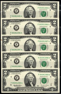 1995 B $2.00 שני דולרים חותם ירוק הערה 8 מספרים סידוריים עוקבים במחזור נחמד סדרה s/n F 00281085 