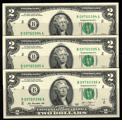 2013 B $2.00 שני דולרים חותם ירוק הערה 3 מספרים סידוריים עוקבים במחזור נחמד סדרה s/n B 09760394 