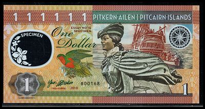 BEAUTIFUL PITCAIRN ISLANDS $1 FANTASY POLYMER NOTE GABRIS; גברת חסרת קודקוד! SN # B00168 UNC.