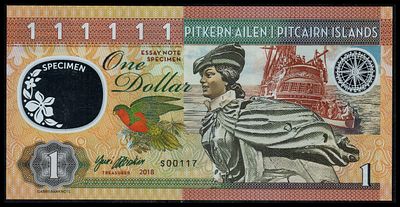 BEAUTIFUL PITCAIRN ISLANDS $1 FANTASY POLYMER NOTE GABRIS; גברת חסרת קודקוד! SN # S00117 UNC.
