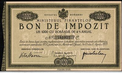 קבלה מס, משרד האוצר, 1000 ליי, 1933, UNC, חתום ברטיאנו, נדיר