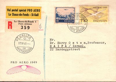 1949 טיסה ראשונה מעטפת יום ראשון משוויץ לישראל בטיסה מיוחדת. 
Vol postal special PRO AERO La 