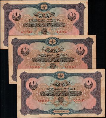 טורקיה, האימפריה העות'מאנת, 1 לירה, מגרש של 3 הערות שונות אותיות 1915, FINE, p69 (Rif 148 w/m 