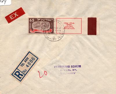 , מעטפה נשלחה בדואר רשומה מתל-אביב, 22.10.1948 
הדפס כתובת לתל אביב; חותמת אחת 65Pr חותמות דואר 