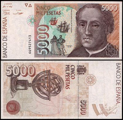 ספרד 5000 Pesetas 12-10-1992 VF P. 165, שטרות, מופצים AU