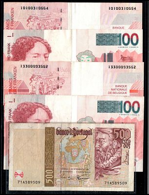 לוט שטרות 4+1. שטר כסף 2001-2205 הבלגי James Ensor 100fr במצב טוב, ללא הצמדה פריכה DIFF S/N 