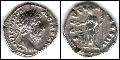 Antoninus Pius right, rev. Salus standing left, feeding snake arising from the 