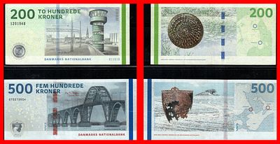 דנמרק 500 Kroner 2009a (2020) S/N 0702739g4. Vf2009 Vf Banknote Denmark 200 Kroner S/N 120194b. 