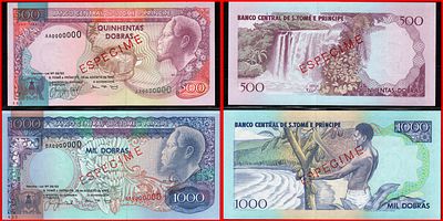1993 SAINT THOMAS &amp; PRINCE SPECIMEN שטר כסף P-63s-64s , 500, 1000 Dobras. Unc