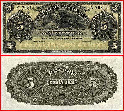 Costa Rica, Banco De Costa Rica Pick # S163r1 1899 5 Pesos - מדפסת: ABNC S/N 79811 Remainder.