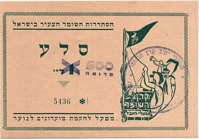 התמונה מציגה שטר או תעודה הסטורית של " הסתדרות השומר הציר בישראל" לזכר בל הקרן שלהם. 
ארגון: 