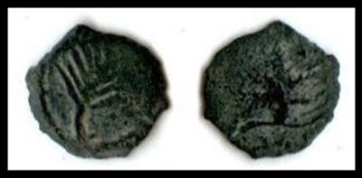 SAMARIA, Caesarea Maritima. "Minim". 1st century 
CE. &AElig; 14mm (1.11 gm, 1h). Grape leaf / Palm 