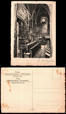 Prague, Prague; Old-New Synagogue and Jewish Town Hall original etching. / old synagogue with 