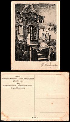 Prague, Prague; Old-New Synagogue and Jewish Town Hall original etching. / old synagogue with 