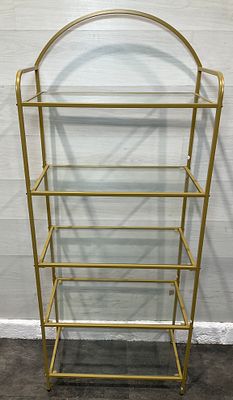 * Contemporary Five-Tier Gold-Toned Metal and Glass Arched Display Unit. A contemporary 