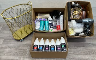 * Three Cartons of Professional Hair and Beauty Salon Supplies and Equipment Including Parlux 