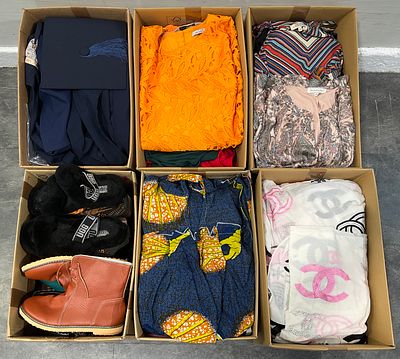 * 6 cartons containing assorted clothing, textiles and footwear. An assortment of women's 