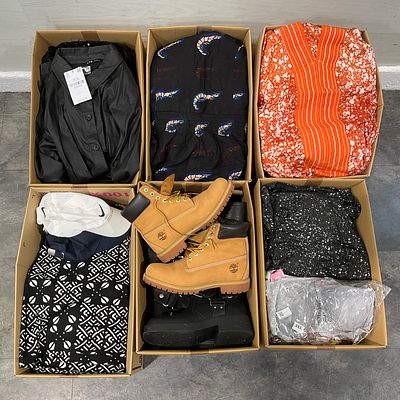 * 6 cartons containing assorted clothing and footwear. An assortment of clothing and footwear 
