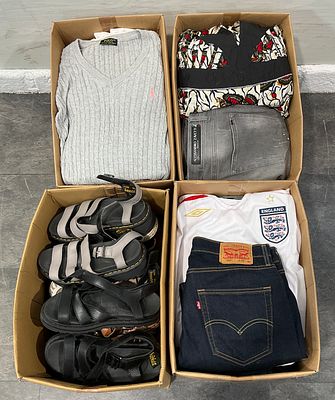 * Four cartons containing assorted clothing and footwear. An assortment of clothing and footwear 