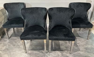 * A Set of Four Black Velvet and Chrome Lion Knocker Dining Chairs. A set of four contemporary 