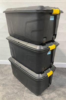 * Three Strata Heavy Duty Plastic Storage Trunks with Wheels. This lot consists of three 