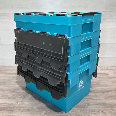 * 4 Boxman Branded Blue Plastic Attached Lid Storage Crates. 4 plastic storage crates, featuring 