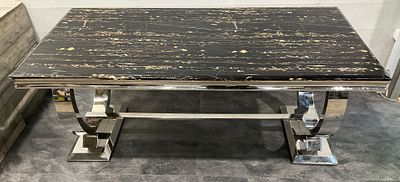 * A Contemporary Art Deco Style Dining Table with Black and Gold Heavy Marble Style Top and 