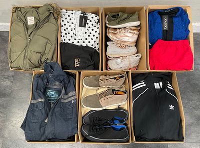 * 7 Cartons Containing a Collection of Clothing and Footwear Including Adidas, Superdry etc. An 