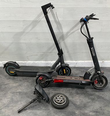 * Two electric scooters including a Kugoo Kirin M4 and associated parts. A pair of folding 