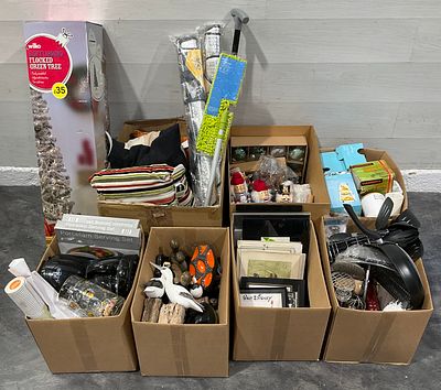 * 7 cartons containing a large collection of mixed household goods, kitchenware, seasonal 