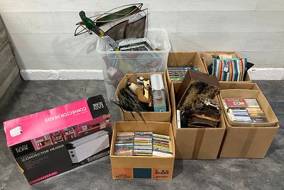 * Six Cartons and a Crate Containing a Large Assortment of Music Media, Small Appliances 