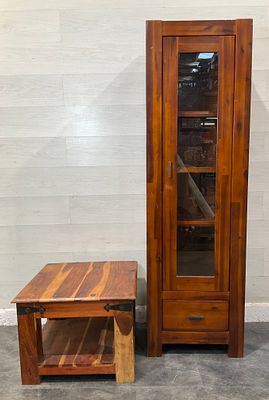 * A Wood Display Cabinet and Side/Coffee Table. The group comprises a tall display cabinet and a 